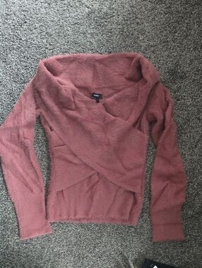 Express Off-the-Shoulder Fuzzy Wrap Sweater - Dusty Rose